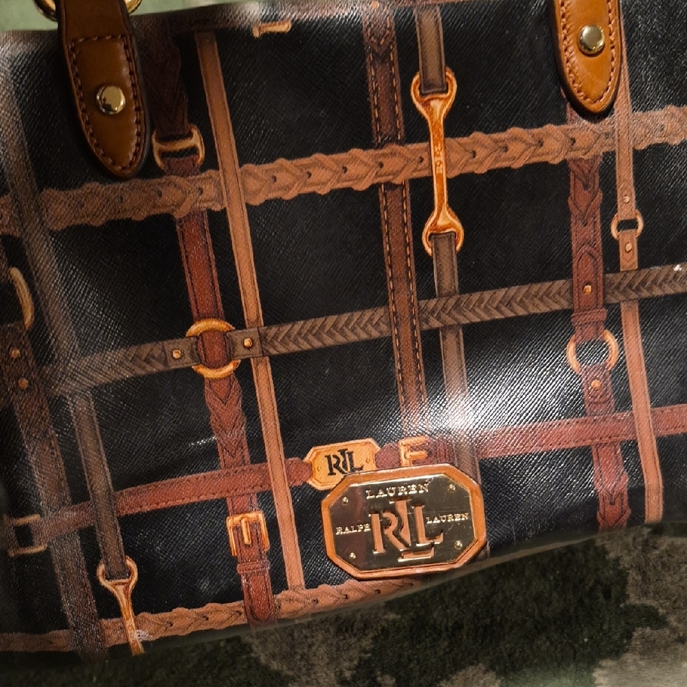 Ralph Lauren Black & Brown Patterned Leather-Trim Hobo Bag - Picture 16 of 16